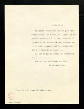 Copia del oficio de comunicación del secretario a José Martínez Ruiz de su elección como individu...