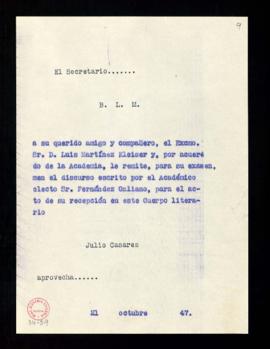 Copia del besalamano de Julio Casares a Luis Martínez Kleiser con el que le remite para su examen...