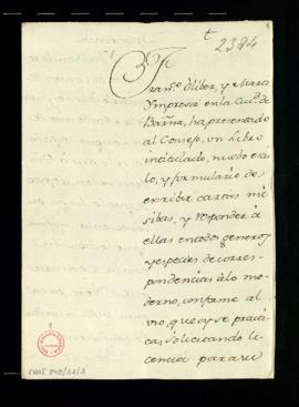 Carta de Juan de Peñuelas a Fran[cis]co Antonio [de] Angulo con la que remite por orden del Conse...
