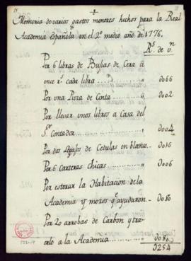 Memorias de varios gastos menores hechos para la Academia en el segundo medio año de 1776