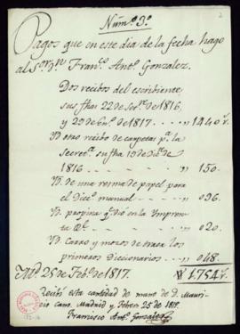 Relación de pagos hechos el 25 de febrero de 1817 a Francisco Antonio González