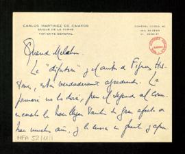 Carta de Carlos Martínez de Campos, duque de la Torre, a Melchor Fernández Almagro