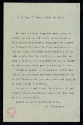 Copia sin firma del oficio de pésame del secretario [Emilio Cotarelo] a María Picón de Ortiz por ...