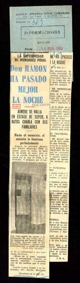 Recorte del diario Informaciones con la crónica Don Ramón ha pasado mejor la noche, por J. R. A.