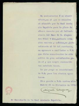 Carta de Miguel Echegaray al secretario [Emilio Cotarelo] en la que acepta su elección para ocupa...