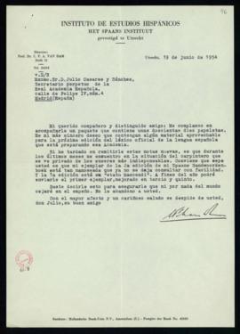 Carta de C. F. Adolf van Dam a Julio Casares con la que le remite un paquete de 210 papeletas