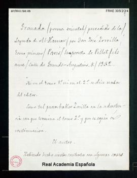 Copia de la advertencia de José Zorrilla sobre los derechos de edición del poema Granada (poema o...