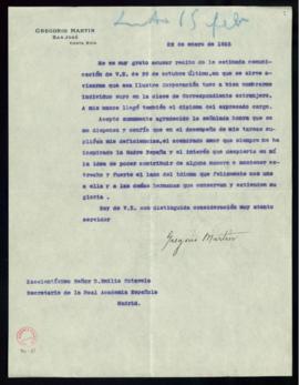 Carta de Gregorio Martín a Emilio Cotarelo, secretario, de acuse de recibo de su nombramiento com...