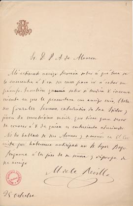Carta de Manuel de la Revilla a Pedro [Antonio] de Alarcón en la que pregunta si tiene inconvenie...