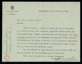 Carta de Francisco Agramonte Cortijo, embajador de España en Copenhague, a Julio Casares en la qu...