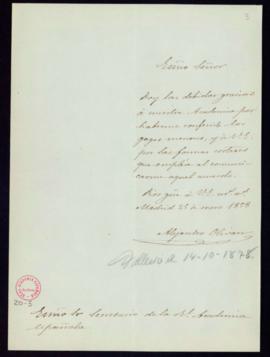 Carta de Alejandro Oliván al secretario [Manuel Bretón de los Herreros] en la que agradece a la A...