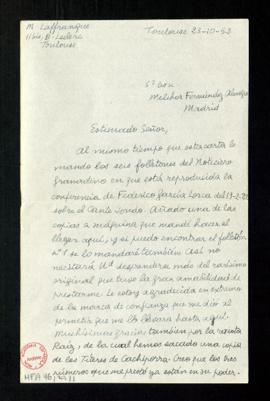 Carta de Marie Laffranque a Melchor Fernández Almagro en la que le anuncia el envío de seis folle...