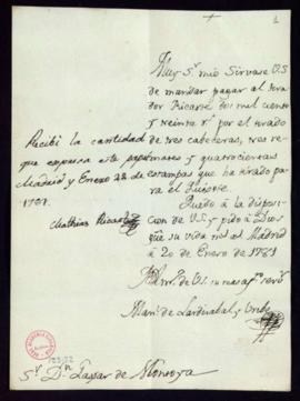 Orden de Manuel de Lardizábal del pago a Matías Ricarte de 1130 reales de vellón por el tirado de...