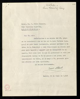 Carta de Irene Albert a Julio Casares en la que le informa que la orden franciscana prohíbe a sus...