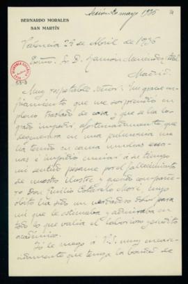 Carta de Bernardo Morales San Martín a Ramón Menéndez Pidal en la que se excusa por no haberle da...