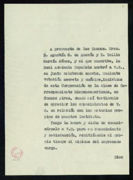 Copia sin firma del oficio del secretario a Arturo Marasso de traslado de su nombramiento como ac...
