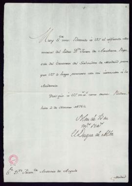 Carta del duque de Alba a Fran[cis]co Antonio de Angulo con la que adjunta el memorial de Juan de...