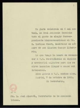 Copia sin firma del oficio del secretario a Abel Alarcón de traslado del nombramiento de Enrique ...