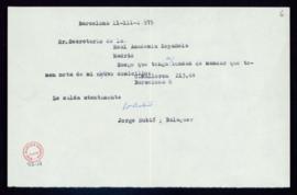 Carta de Jorge Rubió y Balaguer al secretario con su nuevo domicilio