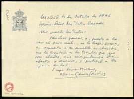 Carta de Federico García Sanchiz a Julio Casares en la que le dice que le manda los títulos que n...