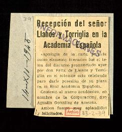 Recepción del señor Llanos y Torriglia en la Academia Española