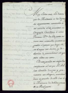 Carta de Bernardo de Iriarte a Francisco [Antonio de] Angulo en la que expresa su gratitud a la A...