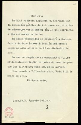 Copia sin firma del oficio del secretario a Ignacio Bolívar de traslado del acuerdo de la junta d...