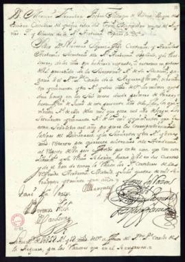 Orden del marqués de Villena de libramiento a favor de Carlos de la Reguera de 1852 reales y 12 m...