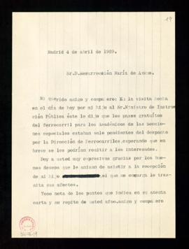 Borrador de la carta de respuesta de Emilio Cotarelo a Resurrección María de Azkue en la que le t...