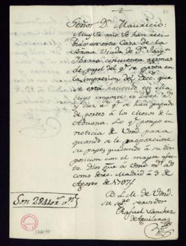 Carta de Rafael Sánchez de Aguilera a Mauricio de Cano sobre la recepción de 50 resmas de papel p...