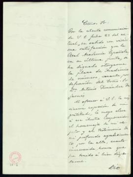 Carta de Leopoldo Cano y Masas al secretario, Mariano Catalina, de agradecimiento a la Academia p...