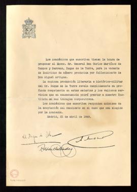 Propuesta de Carlos Martínez de Campos y Serrano, duque de la Torre, para ocupar la plaza de núme...