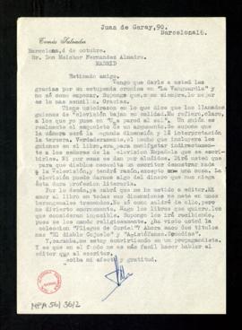 Carta de Tomás Salvador a Melchor Fernández Almagro en la que le agradece su crónica en La Vangua...