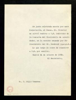 Copia del oficio del secretario a Julio Casares de traslado de su nombramiento como individuo de ...