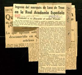 Recorte del diario Pueblo con la noticia titulada Ingreso del marqués de Luca de Tena en la Real ...
