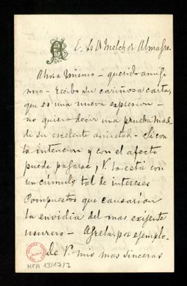 Carta de Ventura a Melchor Almagro en la que le agradece su prueba de amistad, le dice que no sab...