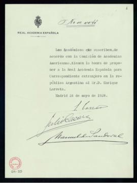 Propuesta de Enrique Larreta para correspondiente extranjero en la República Argentina