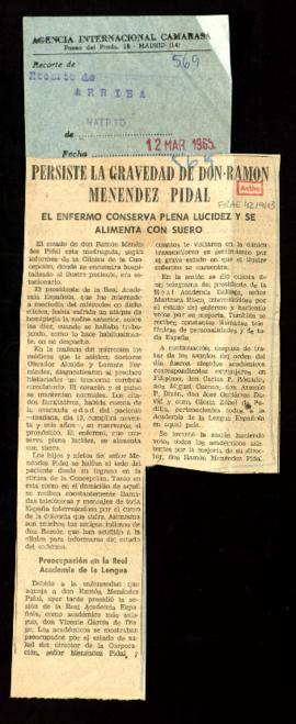 Recorte del diario El Alcázar con el artículo Persiste la gravedad de don Ramón Menéndez Pidal