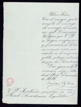 Carta de Aureliano F[ernánde]z-Guerra [y Orbe] al secretario [Manuel Tamayo y Baus] en la que ace...