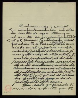 Minuta de la carta de Emilio Cotarelo al conde de las Navas en la que le dice que el Premio Faste...