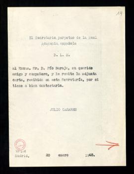 Copia del besalamano de Julio Casares Sánchez a Pío Baroja con la que le remite la carta de Hans ...