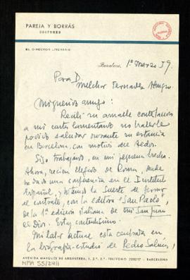 Carta de José Cruset, director literario de Pareja y Borrás Editores, a Melchor Fernández Almagro...
