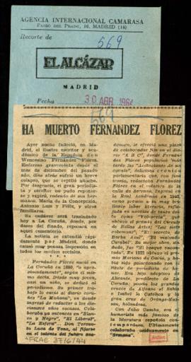 Recorte de prensa de El Alcázar con la noticia de la muerte de Wenceslao Fernández Flórez