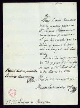 Orden de Manuel de Lardizábal del pago a Lorenzo Muntaner de 930 reales de vellón por los rótulos...