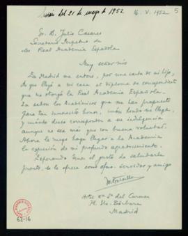 Carta de Marcel Bataillon a Julio Casares en la que acusa el recibo del diploma de correspondient...