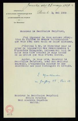 Carta de Ernest Martinenche a Emilio Cotarelo, secretario, en la que acusa recibo del diploma de ...