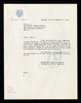 Carta de Germán de Granda Gutiérrez, agregado cultural de la embajada de España en Bogotá, a Rafa...