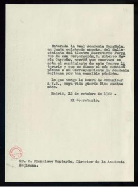 Copia del oficio de pésame del secretario a Francisco Monterde, director de la Academia Mexicana,...