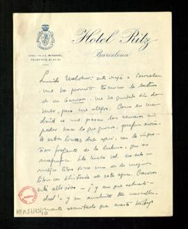 Carta de Gregorio Marañón a Melchor Fernández Almagro en la que le dice que ha leído su Cánovas d...