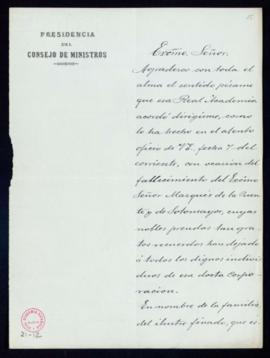 Carta de A[ntonio] Cánovas del Castillo a Manuel Tamayo y Baus, secretario, de agradecimiento a l...